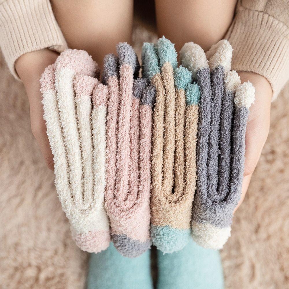 5Pairs Thickened Floor Plush Socks Patchwork Warm Boat Socks Women  For Female Men