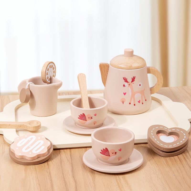 Interactive Wooden Tea Set: Pink Tray & Dessert Playhouse for Children s Early Education