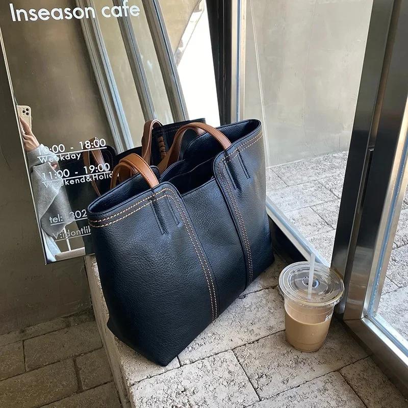 2026 Korean Style Tote Bag - Large Capacity Vintage Shoulder Bag for Women Simple Commuter Purse Hand Bag
