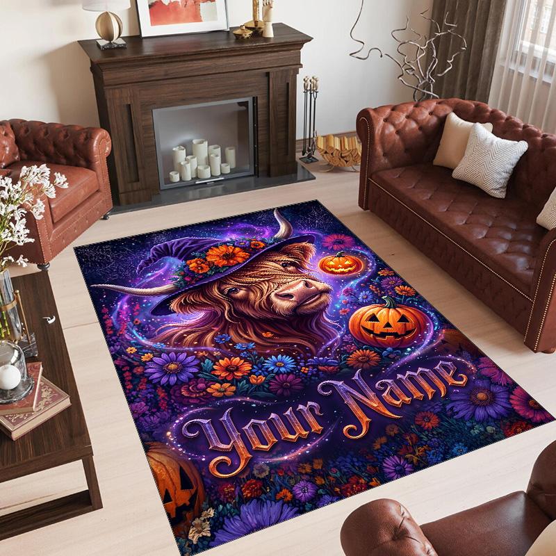 Halloween Theme Crystal Velvet Floor Rug Personalized Custom Name Text Warm Carpet Home Decoration