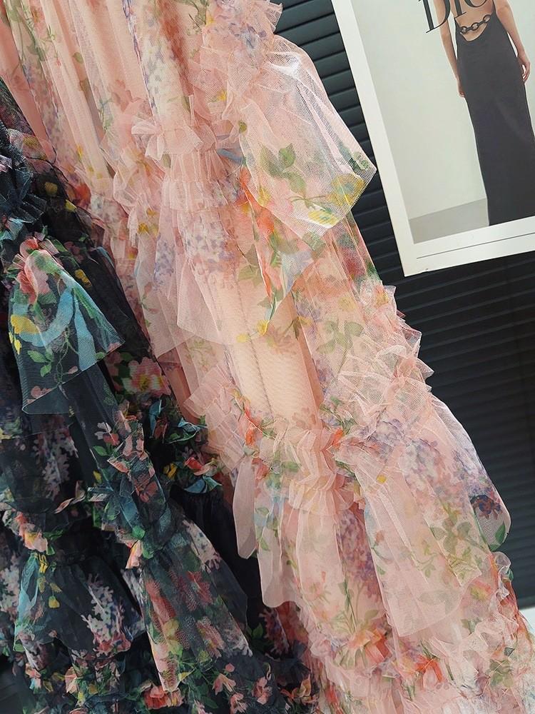 Patchwork Floral Mesh Fluffy Skirt – Women's Long Skirt with Large Hem