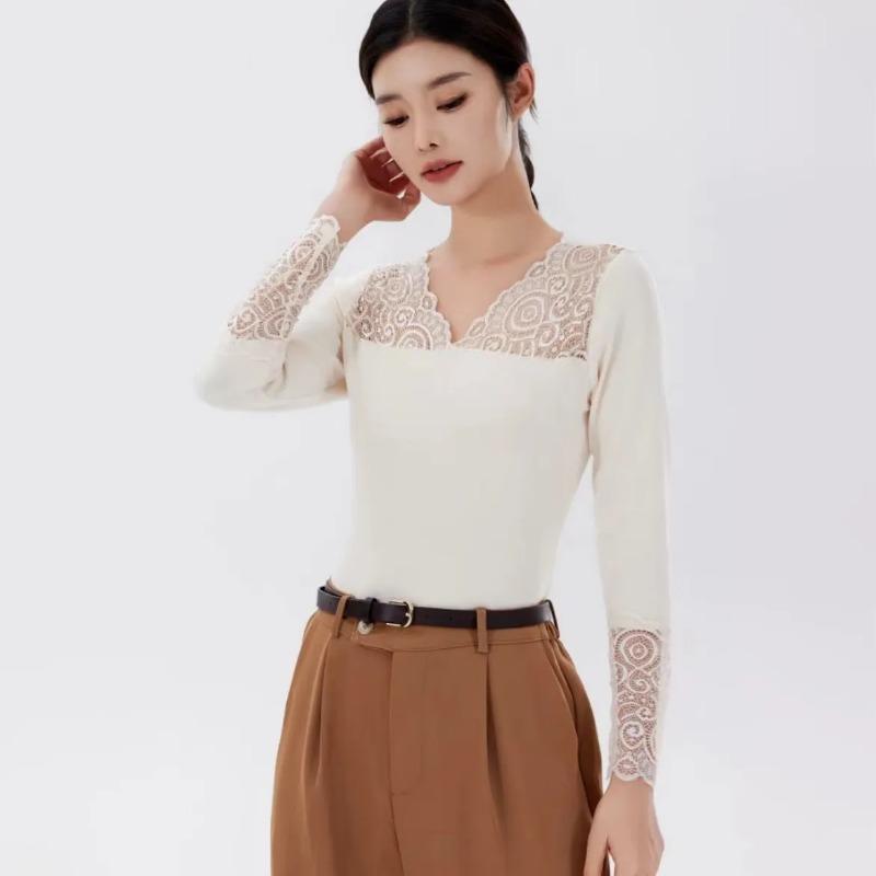 New Long-sleeved Black Thermal Top Simple and Versatile Inner T-shirt Slim Fit Lace Shirt for Women