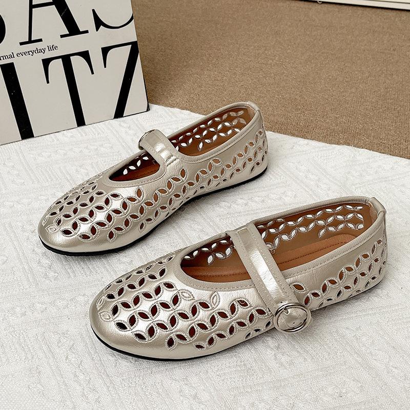 European and American spring and summer new one-word buckle Mary Jane shoes flat-soled women's shallow mouth hollow ballet shoes comfortable sing