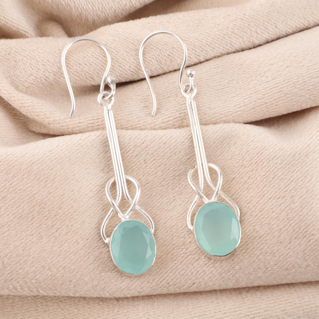Aqua Chalcedony Gemstone 925 Sterling Silver Jewelry Handmade Earrings 1.76" EE-171-17