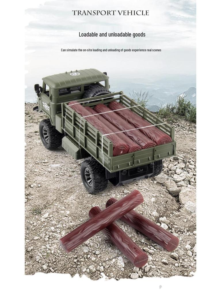 Four-Wheel Drive RC Military Transport Vehicle with USB Charging, LED Lights, and Climbing Rubber Tires