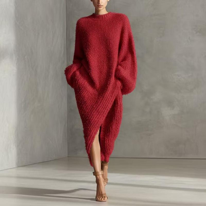 AA Europe and America 2026 autumn and winter new round neck loose split temperament women's clothing medium and long dress