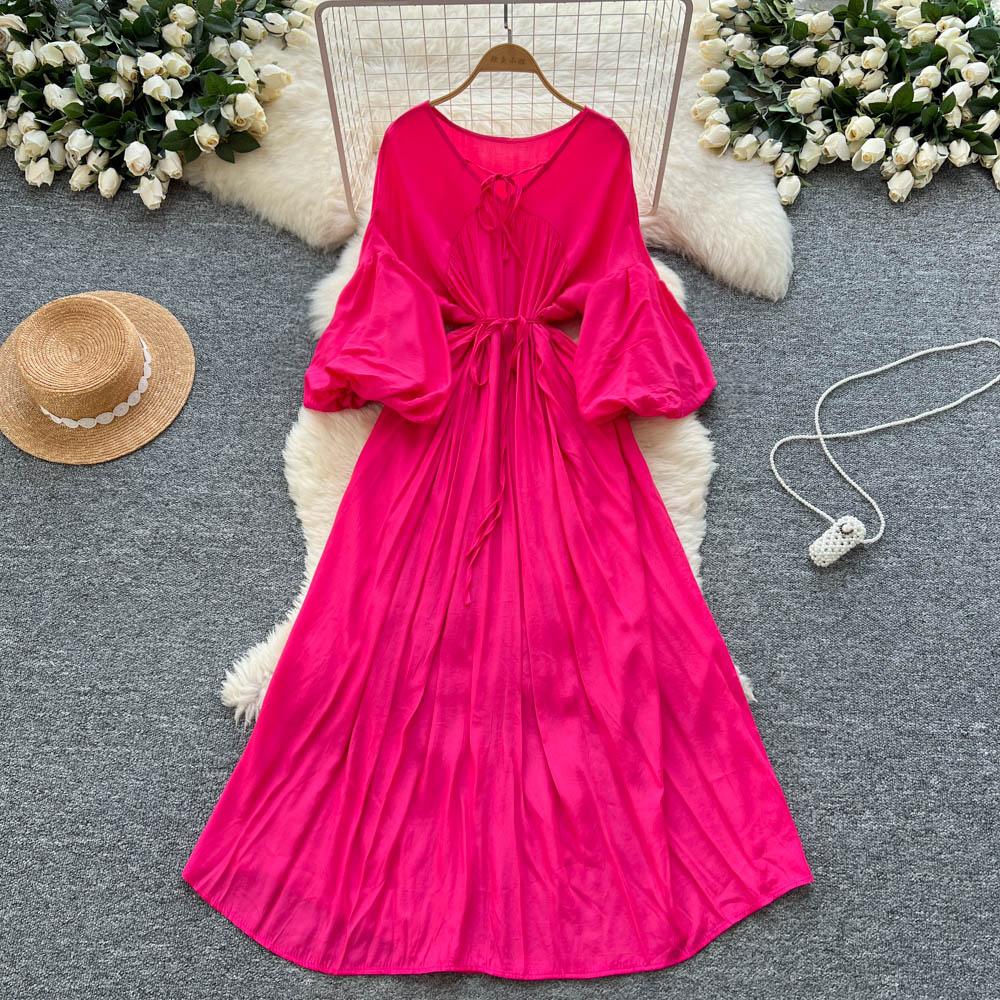 Retro V-Neck S páskem v pase Lucernový rukáv Délka ke kolenům A-Line Midi šaty Korejský Sle Letní Dlouhé šaty pro ženy