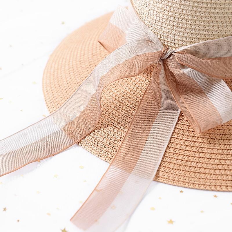 FashionTwo-color Patchwork Striped Bowknot Summer Sun Hat Women Straw Beach Hat Large Brimmed Hat