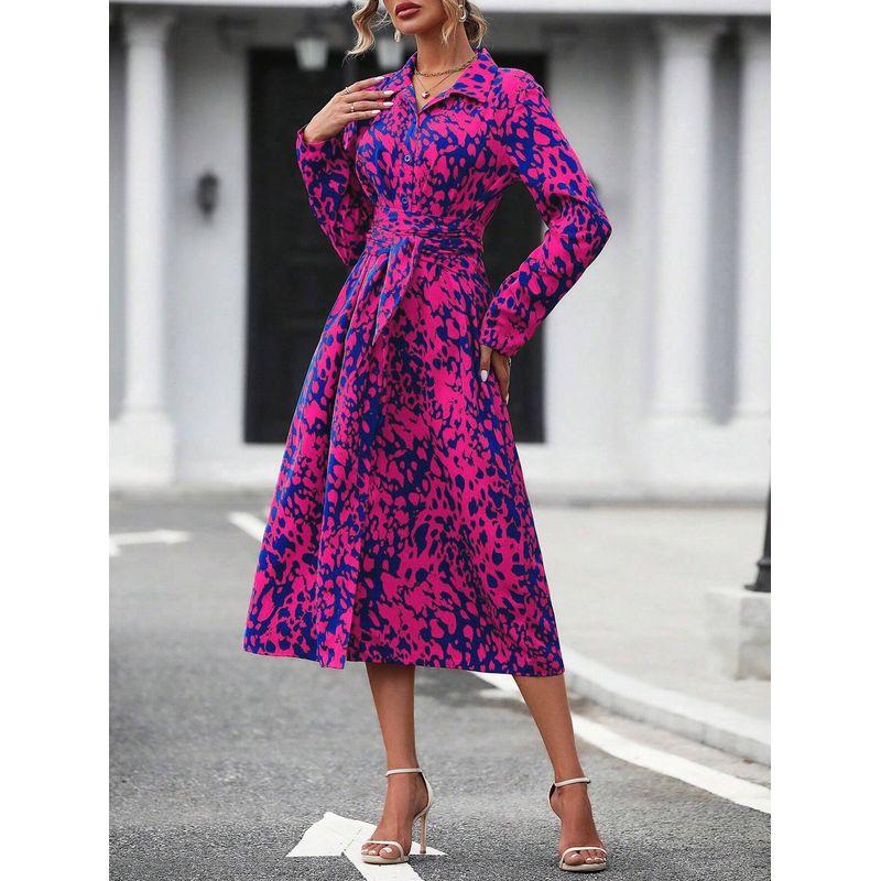 

Spring New Fashion Fashion Commuter Ol Single-Breasted Print Waist-Controlled Lace-up Mid-Length Long Sleeves Dress Dress 3 Rose Red XL