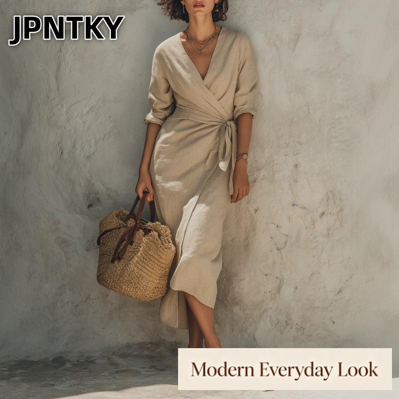 JPNTKY Fashion Summer Spring Solid Color Print Long Sleeve V-Neck Casual Dresses