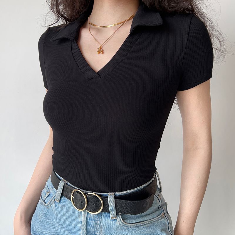 

Go Girl Go V Neck Short Sleeve Silm Tops T-shirt Black L