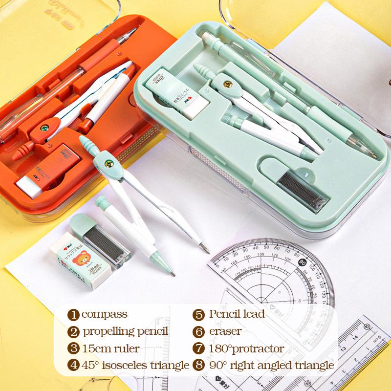 8-Piece Math Drawing Set,Drawing Tools,Including Compass,Ruler,Set Square,Protractor, Eraser,And Mechanical Pencil,Compass Set