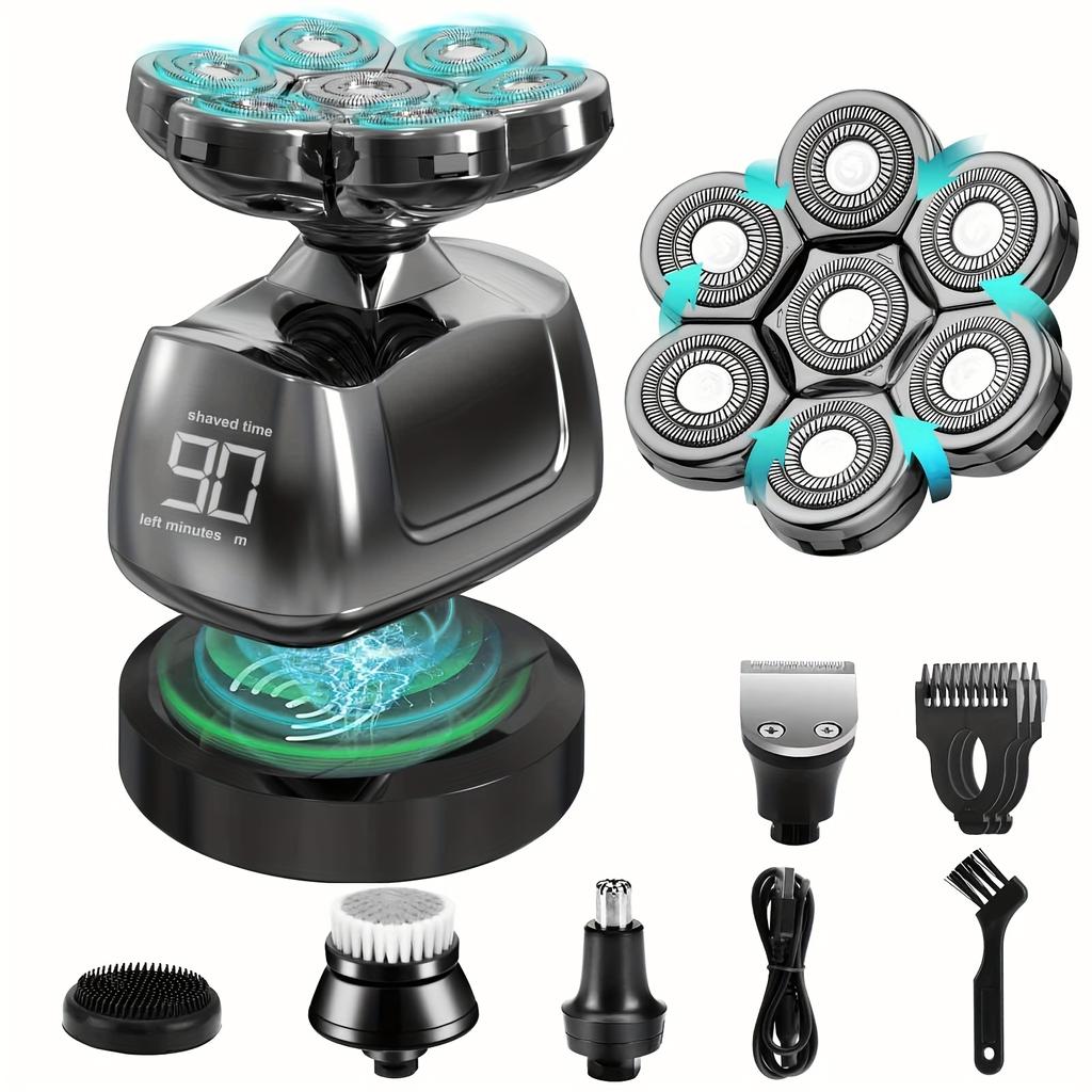 Men's 7D Smooth Shaver, 6-in-1 Wet And Dry Electric Shaver For Face And Head