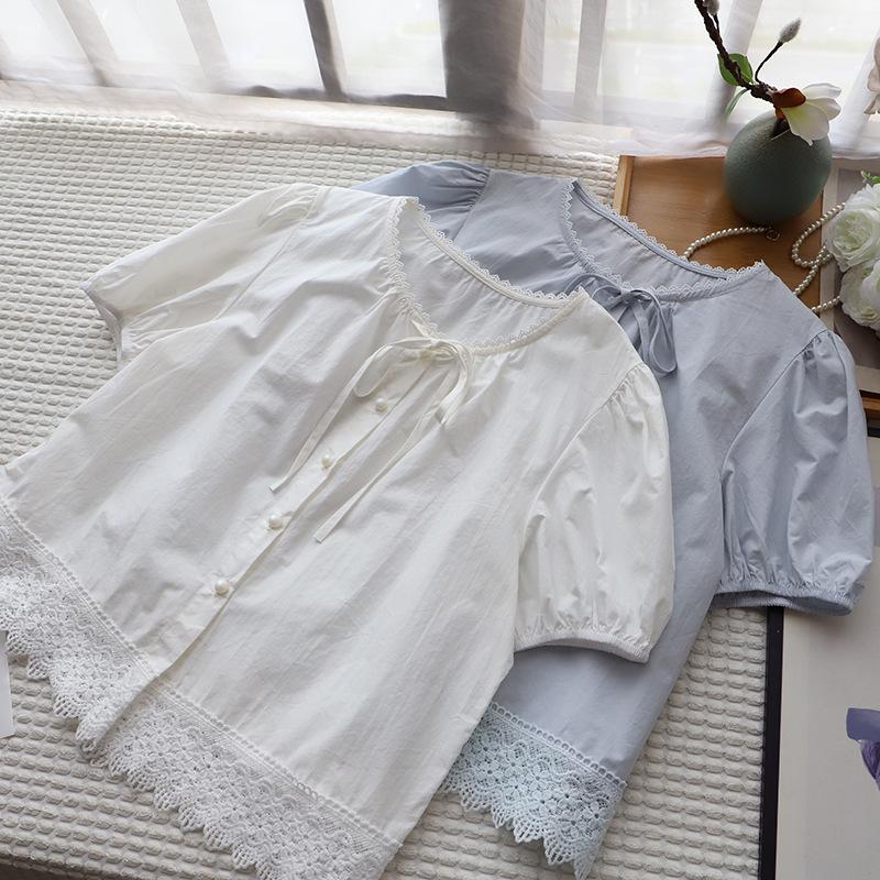 Bi Zheng 2025 Summer Korean Style Lace Patchwork Bubble Sleeve Tie-Up Shirt