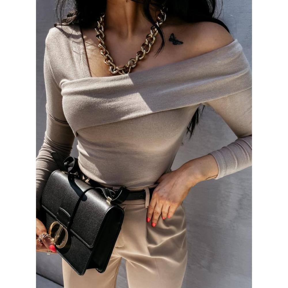New Solid Color Fashionable and Sexy Off-the-shoulder Long-sleeved Women's T-shirt Popular Temperament Charming Women's Top