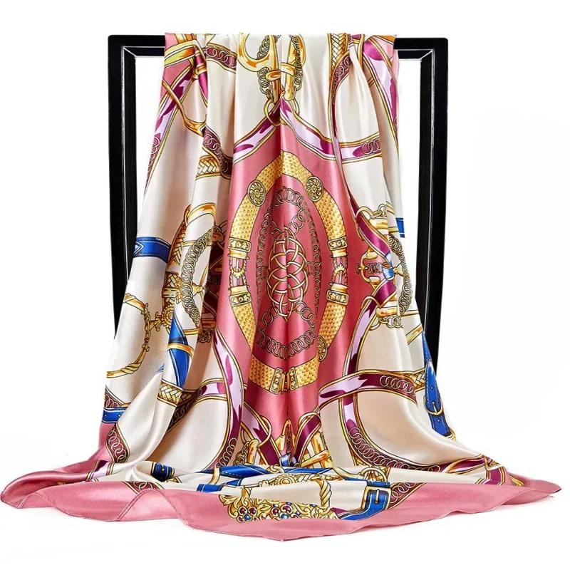 90*90Cm Satin Scarf For Women Cashew Flower Print Chain Scarf Spring And Summer  Style Shawl Scarf For Women   Style