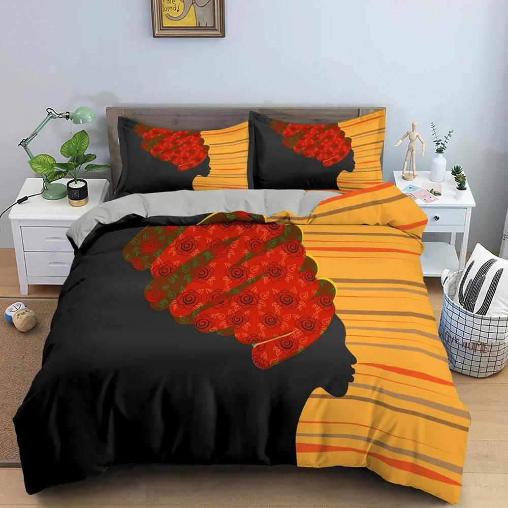 African Woman Duvet Cover Set 3D Cartoon Printed Bedding Set Pillowcase Bedroom Decor King Queen Twin Size Bedclothes 2/3PCS