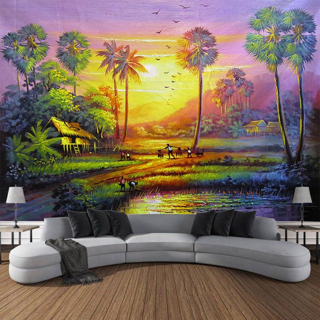 

Ретро Пейзаж Картина Маслом Гобелен Настенный Фэнтези Домашнее Художественное Украшение Фэнтези Kawaii Фон Для Комнаты Тканевое Одеяло 230x180cm