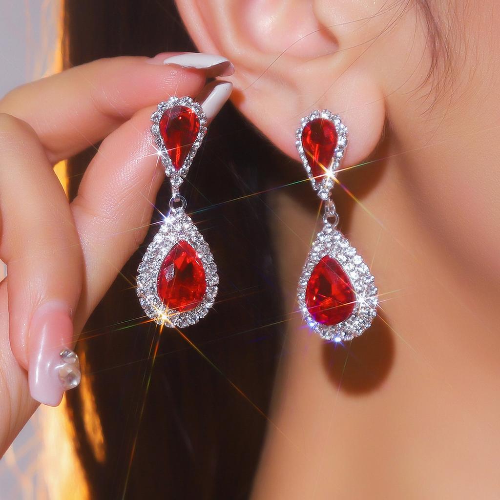Sparkling Teardrop Dangle Earrings for Women, Full Cubic Diamond Paved Drop Earrings,Red/White/Aurora Crystal Bridal Jewelry for Wedding Party Prom