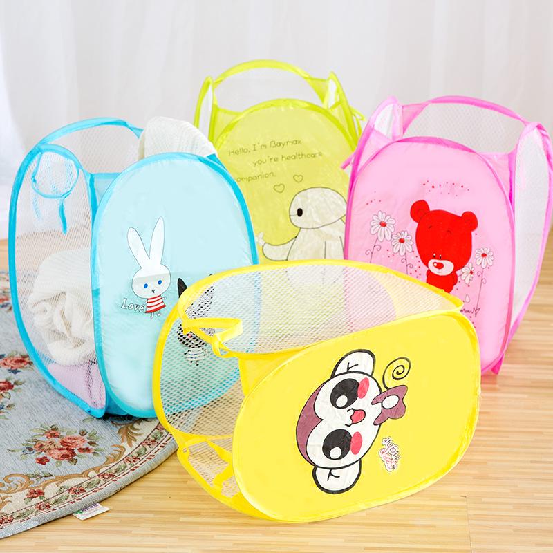 Cartoon Printed Foldable Laundry Basket Nylon Mesh Dirty Clothes Hamper Simple Modern Fabric Storage Bin for Home Organization