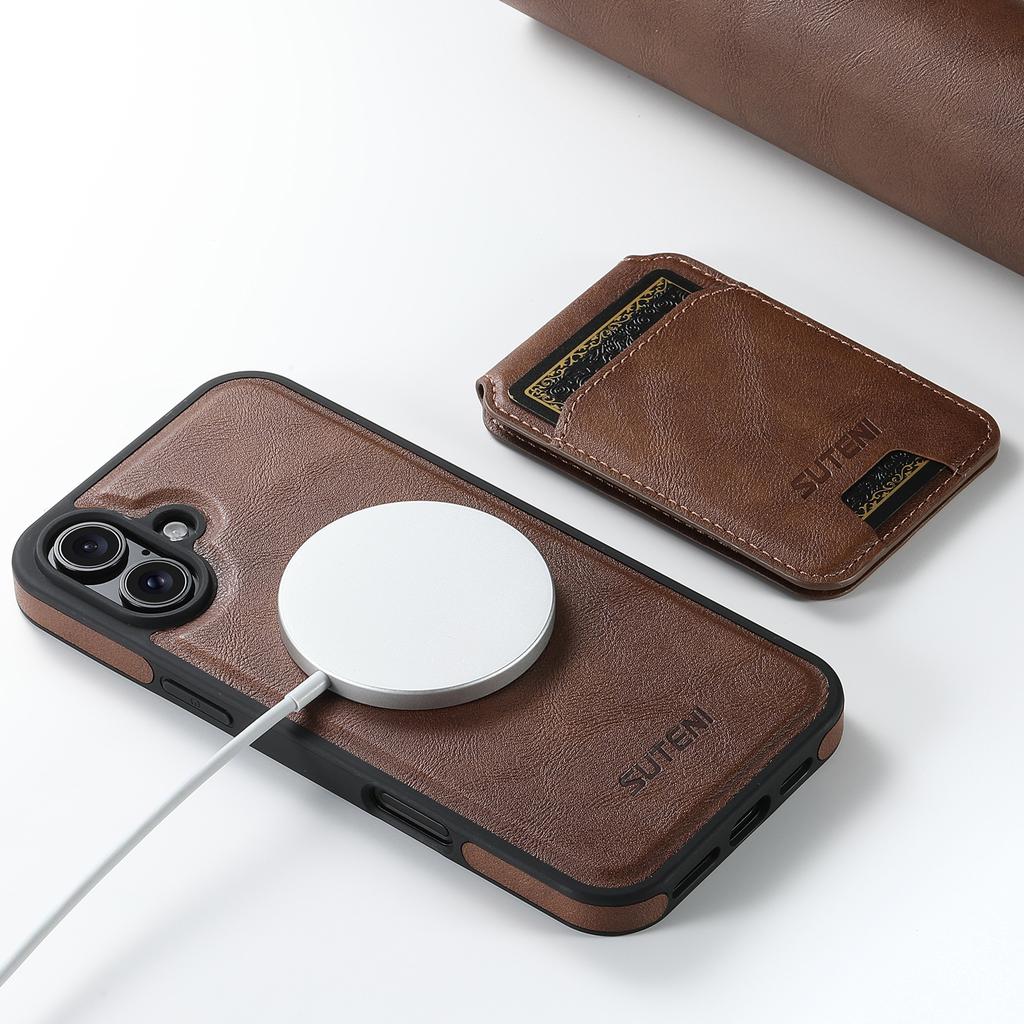 SUTENI M2 For iPhone 16 Magnetic Phone Case Waxy Texture Leather+TPU Cover with Card Bag
