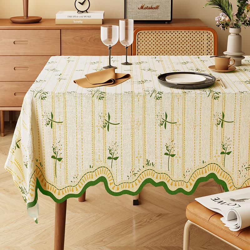 Floral Tablecloth Linen-Like Fabric Double-Sided Waterproof Heat Resistant Mat Fresh Green Irregular Tablecloth Wear-Resistant