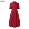 ZANZEA Women Casual Stand Collar Short Sleeve Solid Color Elegant Dress