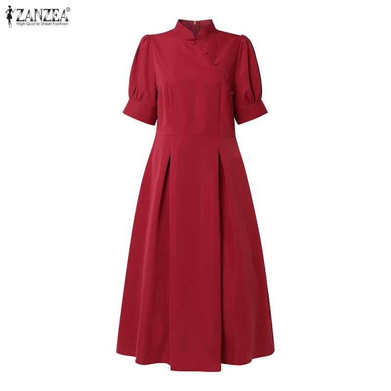 ZANZEA Women Casual Stand Collar Short Sleeve Solid Color Elegant Dress