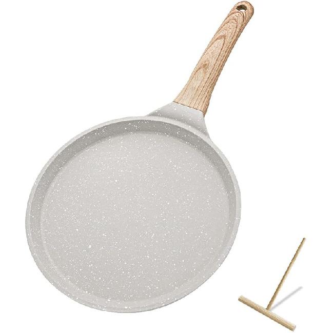 Nonstick Crepe Pan with Spreader, 8 Inch Flat Pan for Roti Indian Griddle Pan Dosa Pan, Tawa Dosa Tortilla Pan Induction Compatible - White