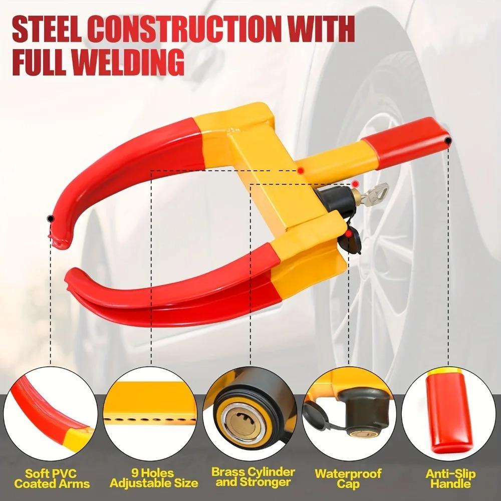 Stainless steel heavy duty tire lock. Nine-hole adjustable. Fits cars trucks RVs trailers bikes motorcycles. Thread Lock3