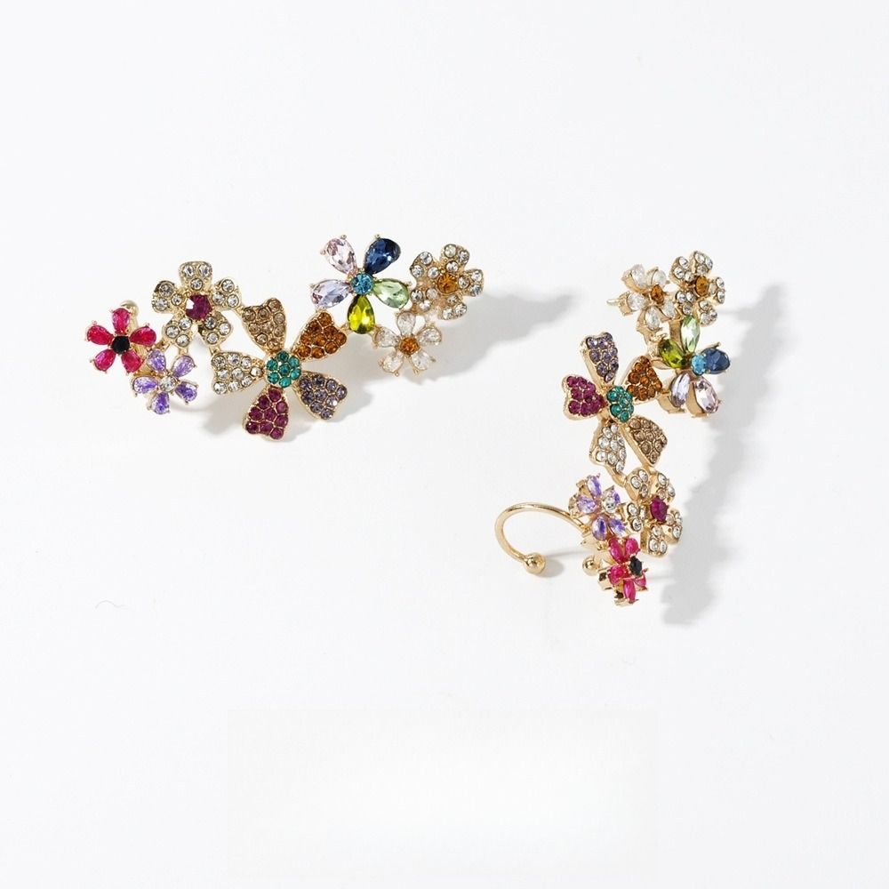 Sweet Shining Flower Earrings Colored Sweet Ear Clips Fashion Rhinestone Flower Earrings  Women