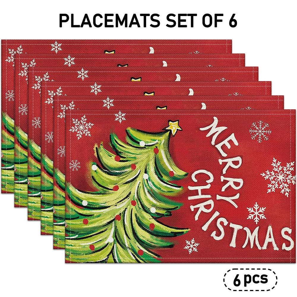 4/6pcs Christmas Themed Placemats with Christmas Tree and Snowflake Patterns, Featuring "MERRY CHRISTMAS" Print, Suitable for Holiday Dining Tableclot