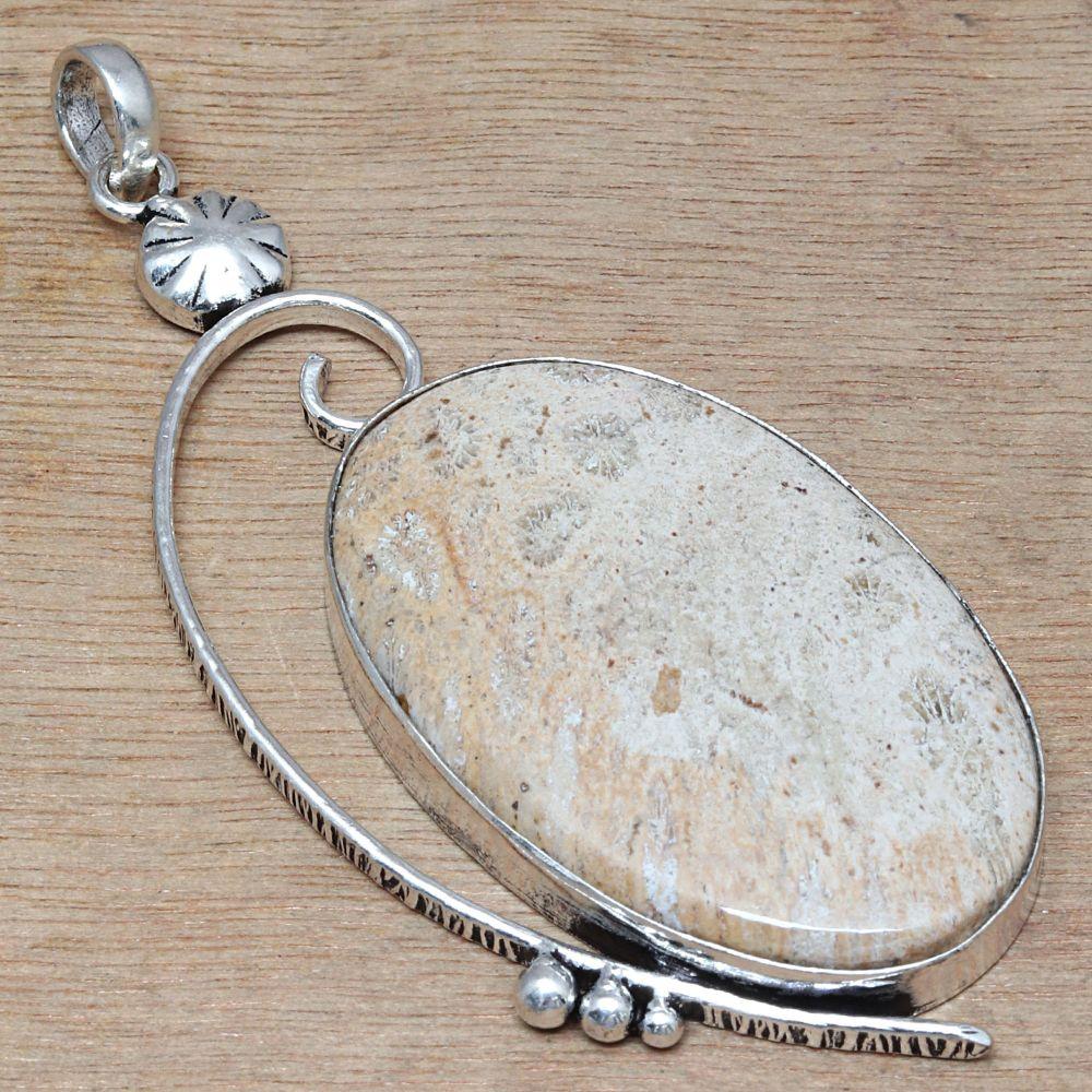 Necklace Fossil Coral Gemstone Handmade Silver Jewelry 3"