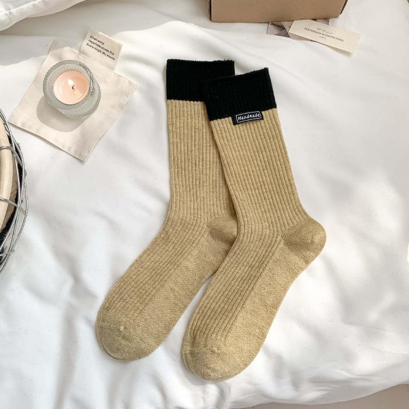 Wool Socks with Children's Multi-color Letter Fabric Labels, Mid-calf Socks, Vertical Stripes, Chunky Socks