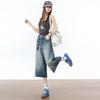 Trendy Summer High Waist Slim Vintage Blue Wide Leg Denim Cropped Capri Pants Loose Straight Versatile Slimming Daily Wear