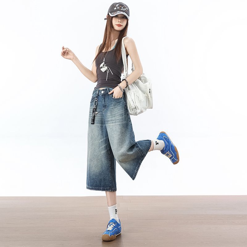 Trendy Summer High Waist Slim Vintage Blue Wide Leg Denim Cropped Capri Pants Loose Straight Versatile Slimming Daily Wear