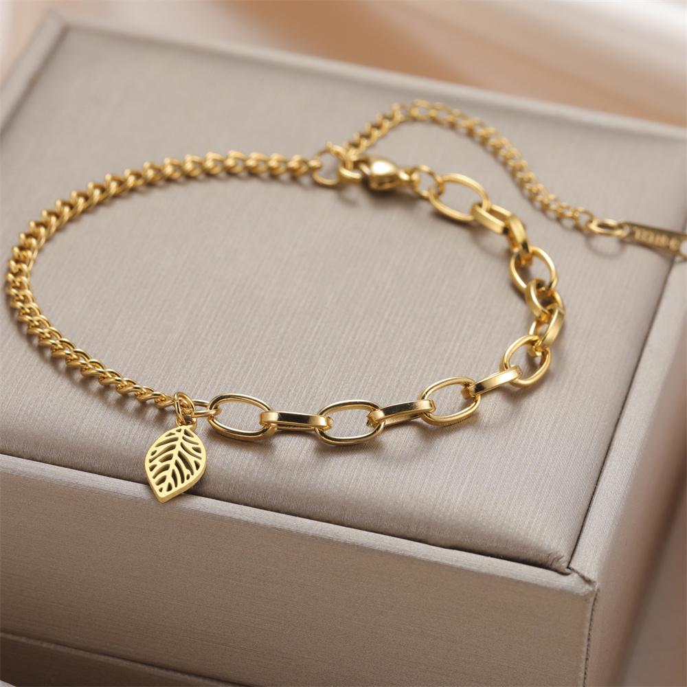 My Shape Hollow Leaves Bracelets Stainless Steel for Women Girls Gifts Plant Leaf Pendant Chain Hand Chain Bangle Summer Jewelry