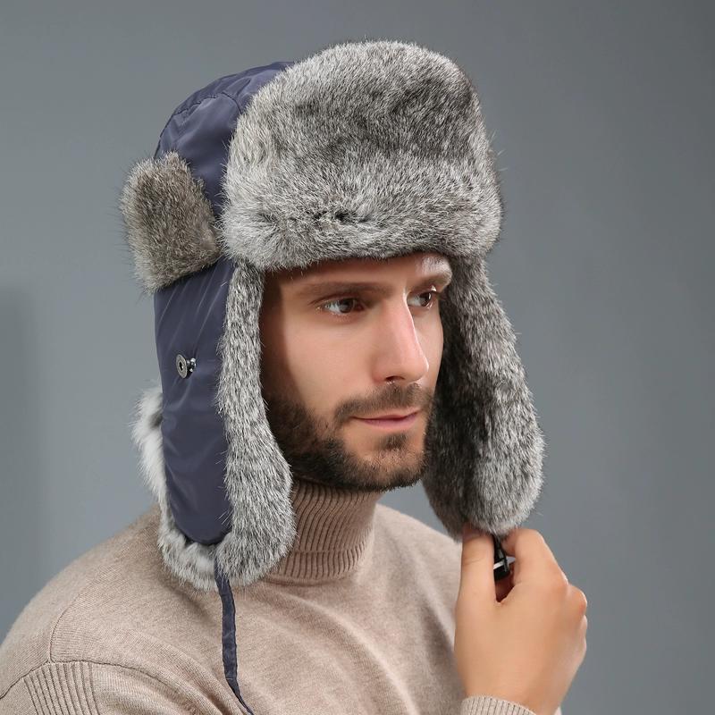 Rabbit Fur Lei Feng Hat for Men and Women In Winter Thickened Warm Ear Protection Cold Outdoor Northeast Leather Straw Hat Ski Hat Cotton