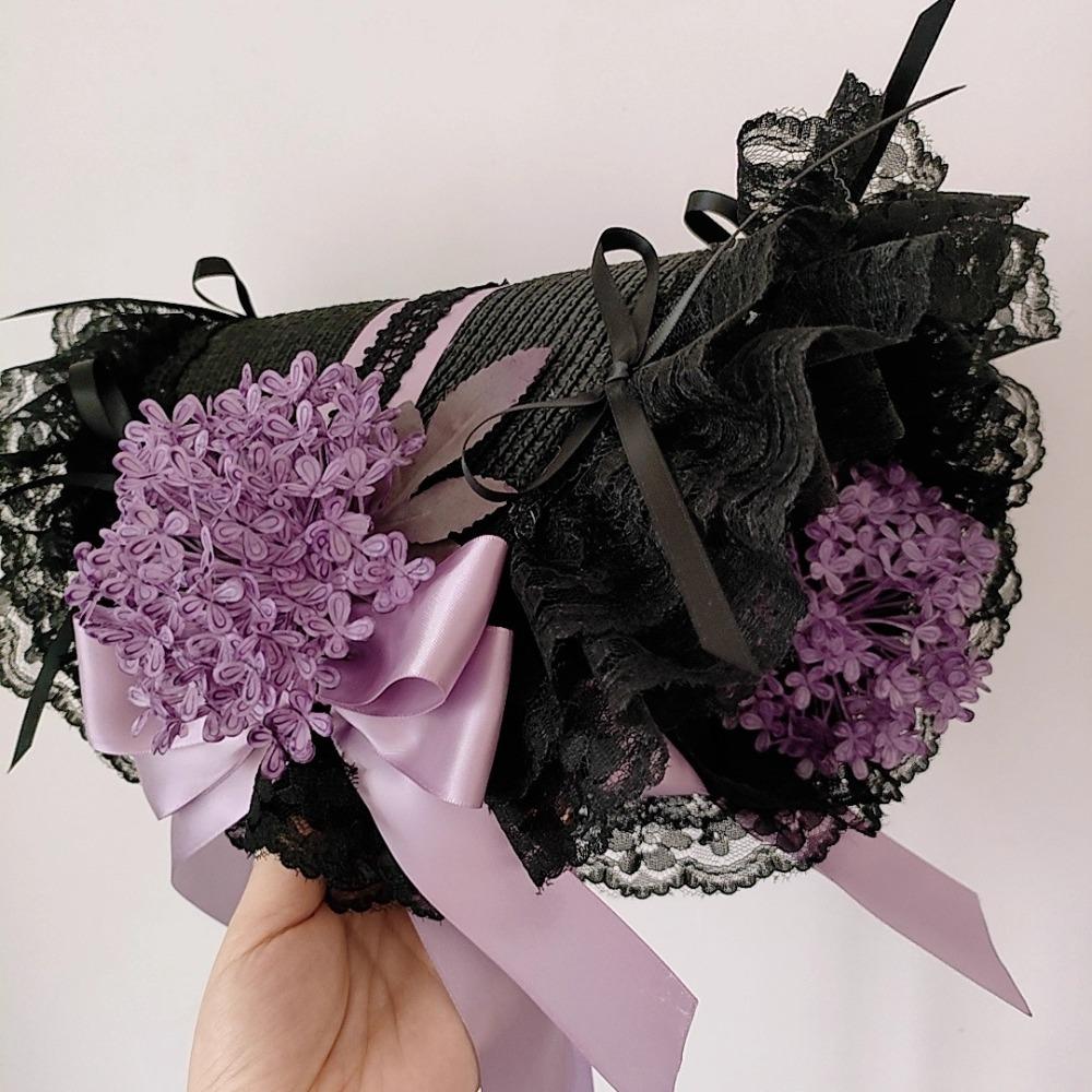 Handmade Vintage Victorian Gothic Tea Party Lace Straw Hat Lolita Girls Flowers Bonnet with Ruffles Halloween Black Headdress