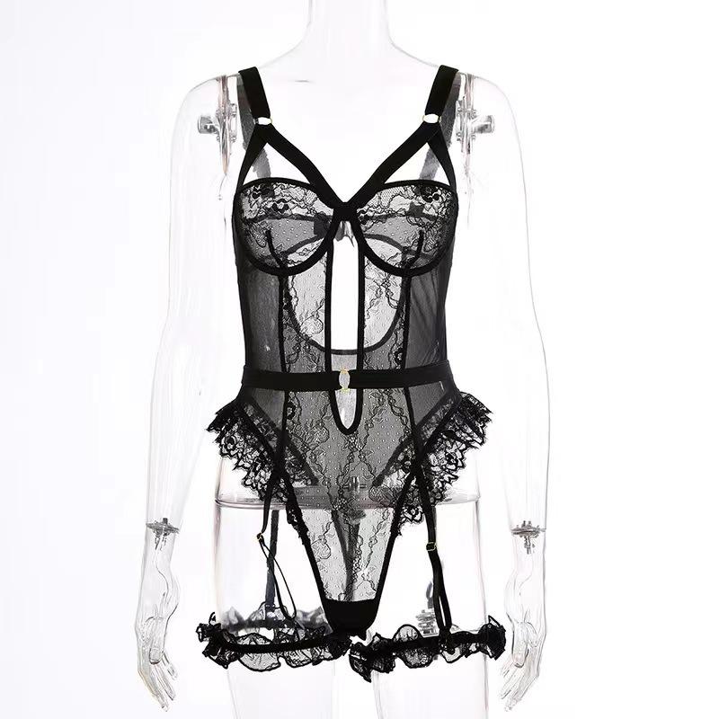 Schwarzes Spitzen-Dessous-Set, sexy Mesh-bestickte透视-Dessous