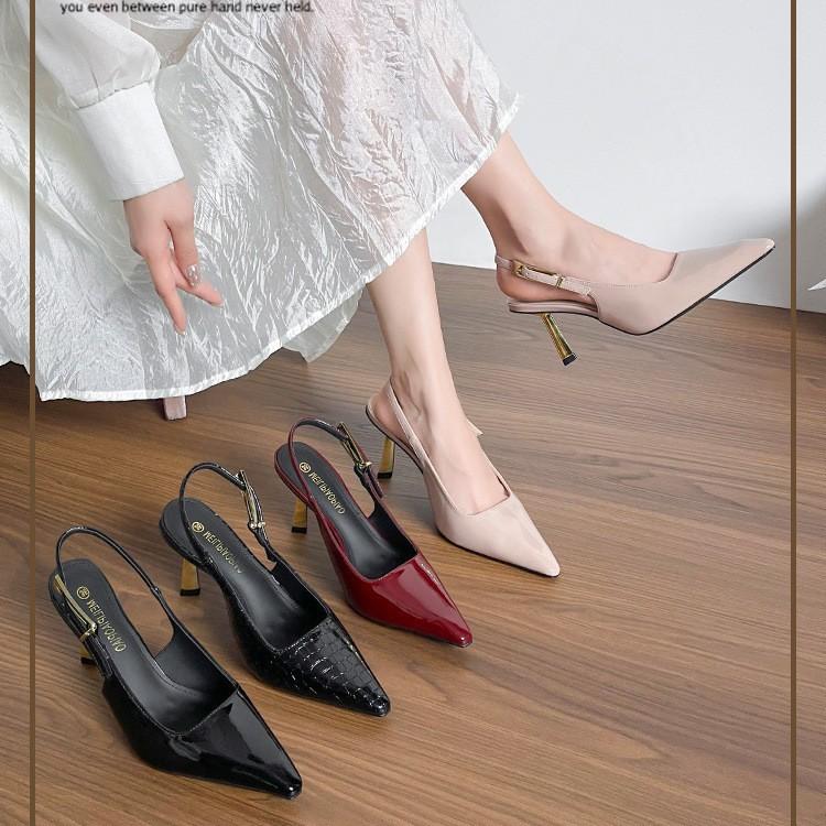 Summer New Temperament Pointed Burgundy High-heeled Sandals Women's Fashion Bag Head Sexy Patent Leather Back Empty High Heels