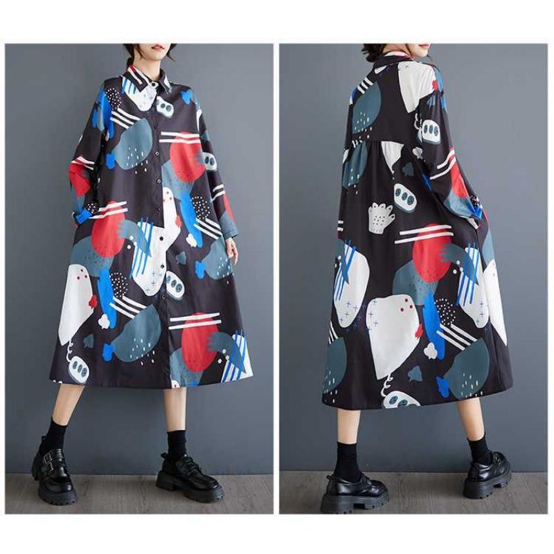 Loose Large Size Oceanic Printed Mid-Length Literary Vintage Dresses