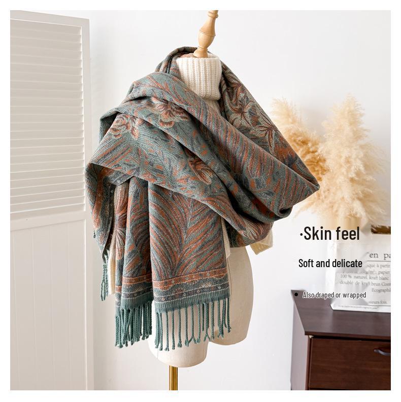 Women's Ethnic Style Double-Sided Jacquard Scarf, 2025 Autumn/Winter Collection: Thick, Warm, Soft Imitation Cashmere Long Snood Shawl.