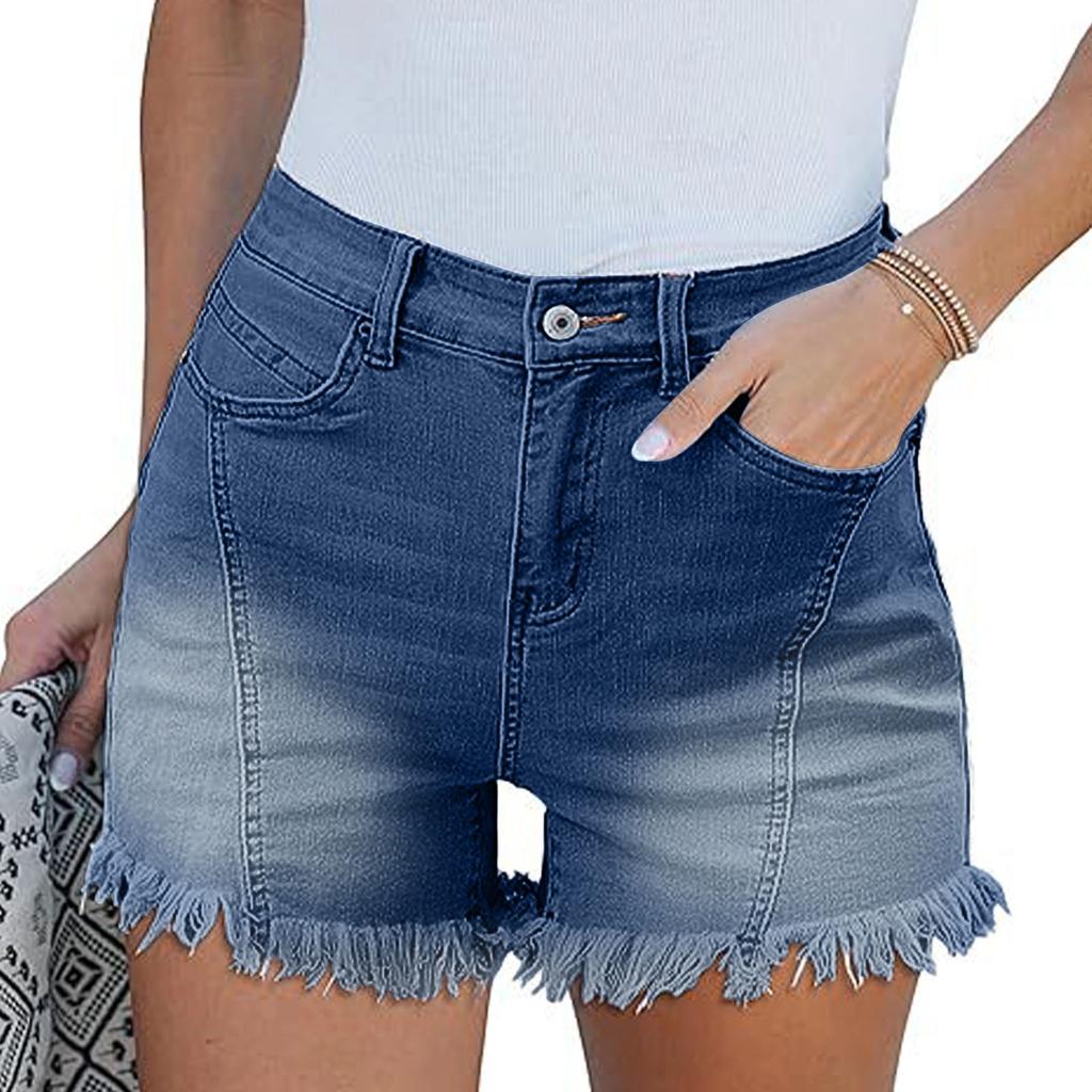 Women's Casual Denim Shorts with Washed Distressed Design Frayed Hem Stretch Fabric High Waist Classic Fit