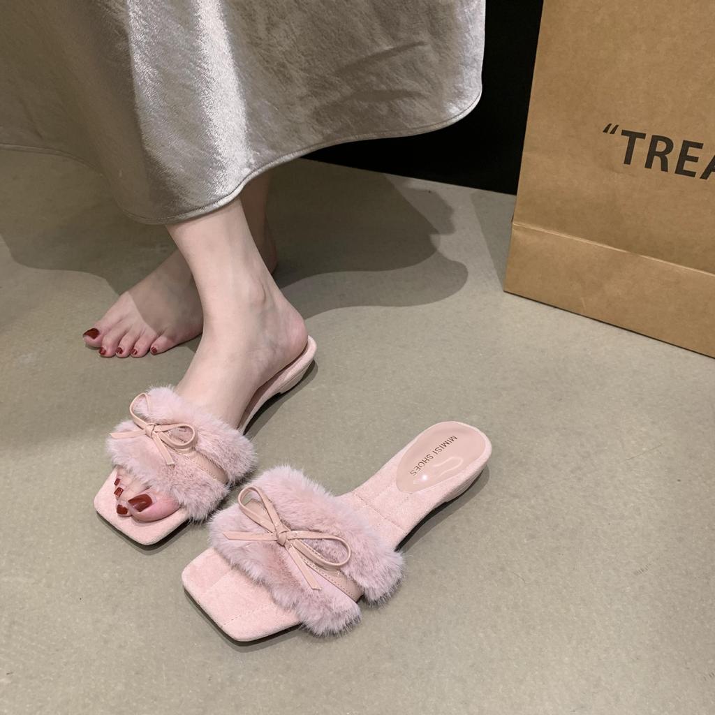 French Bow Square Head Fluffy Slippers Women's Outer Wear 2025 New Autumn Indoor Flat One-word Cotton Slippers