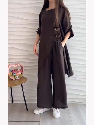 Women's 2024 Loose Irregular Five-Sleeve Cotton Linen Suit with Mid-Length Top and Wide-Leg Pants