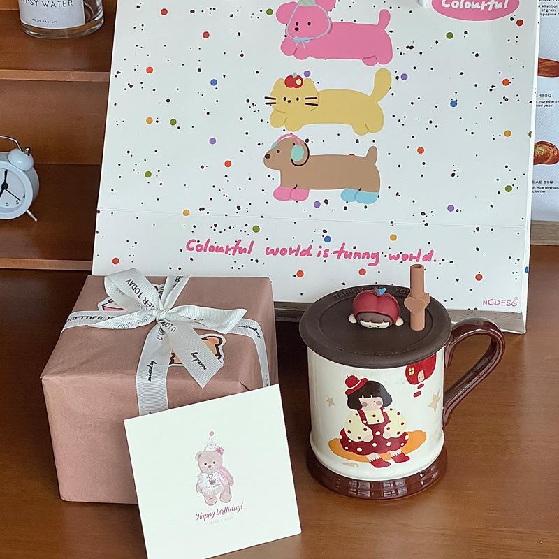 Retro Family Four-mouth Water Cup Cute Couple Ceramic Mug with Lid Home Coffee Cup Girl Birthday Gift