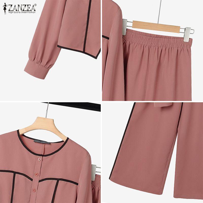 ZANZEA Damen Langarmbluse und Hose Elegante zweiteilige Anzugsets