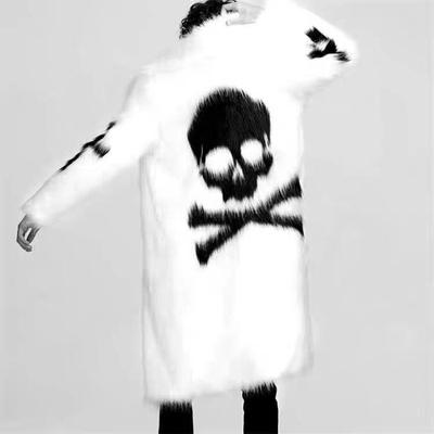 Herren extra langer Windbreaker-Mantel mit Kunstfell und Totenkopfmuster