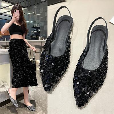 Glittering Fairy Style Evening and Night Sandals Summer New Sequin Pointed Toe Empty Flat Sandals for Women